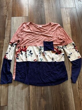Pulse Colorblock Floral Long-Sleeve Top - Dusty Pink, Cream & Navy